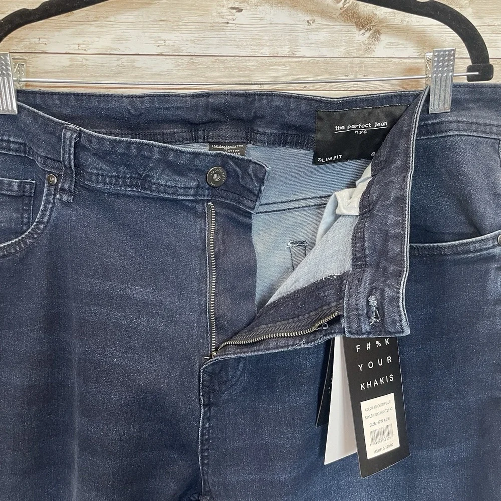 NWT NYC The Perfect Jean Mens 42x28 Jeans Slim Fit Blue Dark Wash Stretch NEW‎